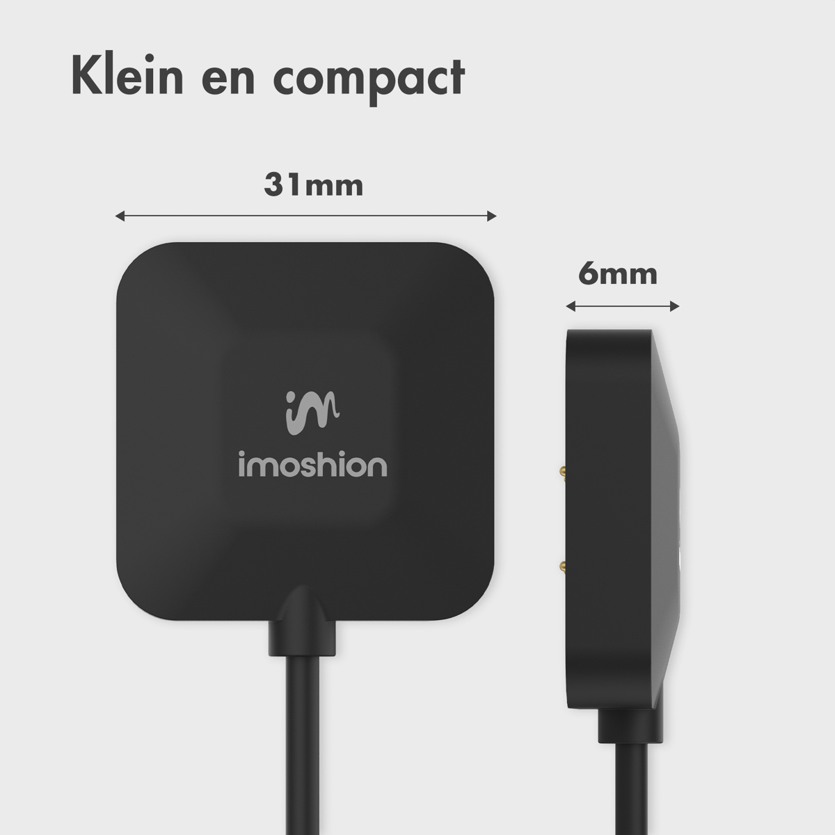 Appareil carré noir avec logo et câble. À côté, une vue latérale montre l'épaisseur.