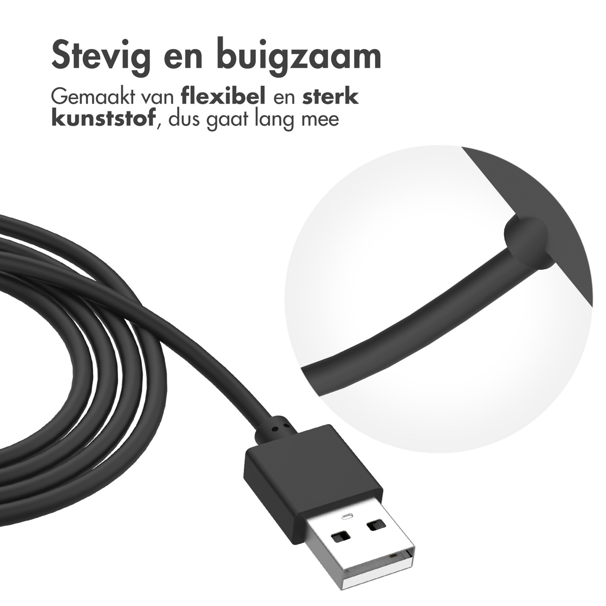Câble USB noir avec port USB et vue agrandie du connecteur.