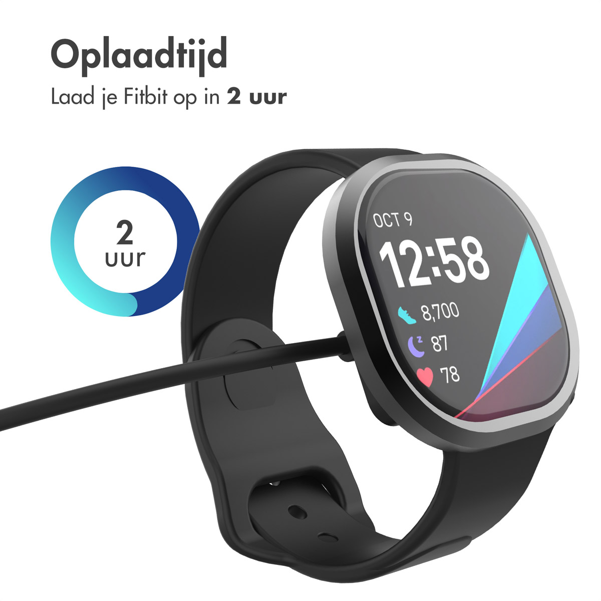 Une smartwatch noire sur un chargeur, un cercle bleu avec 2 uur, fond blanc.