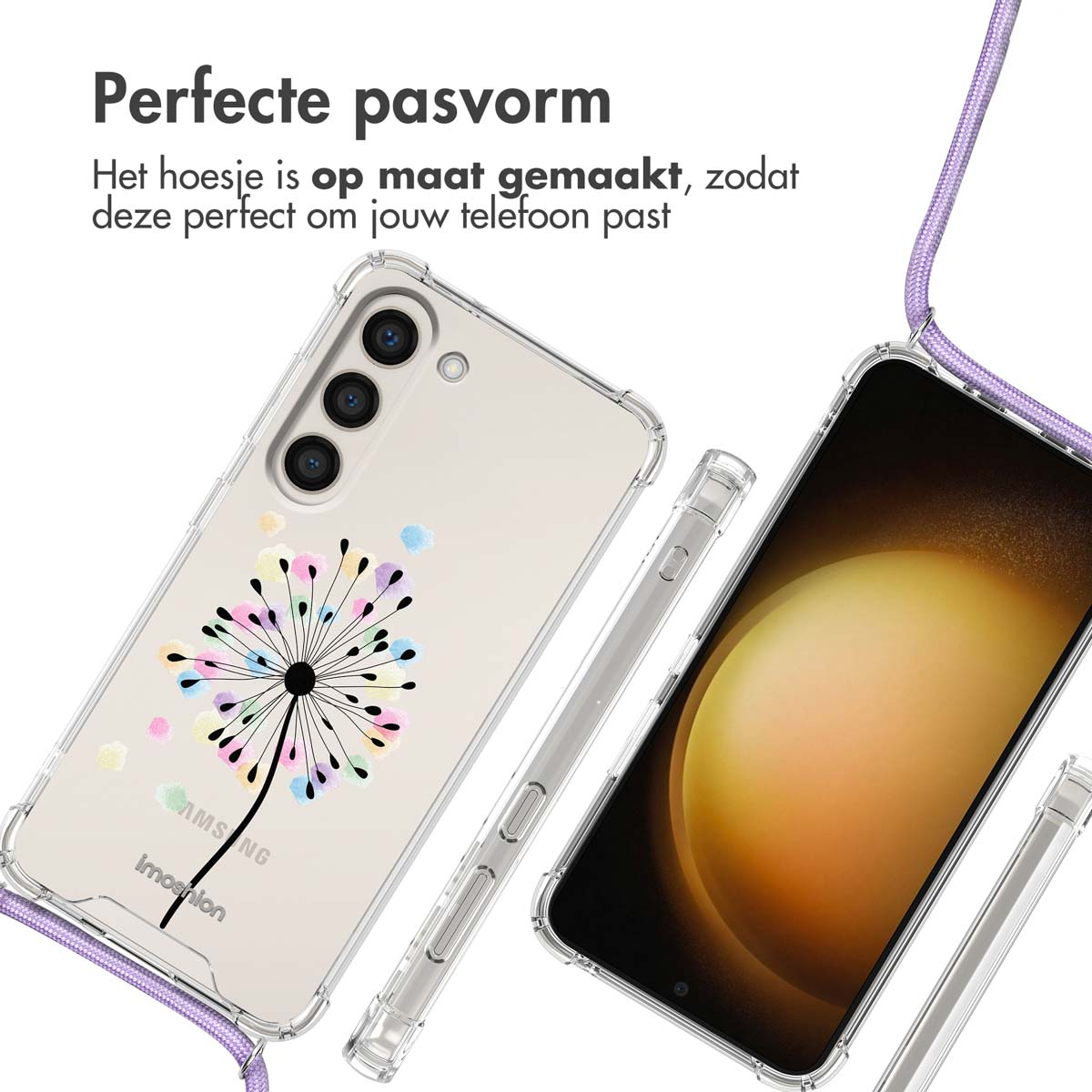 Transparante telefoonhoes met paardenbloemontwerp, naast een telefoon met scherm en een band.