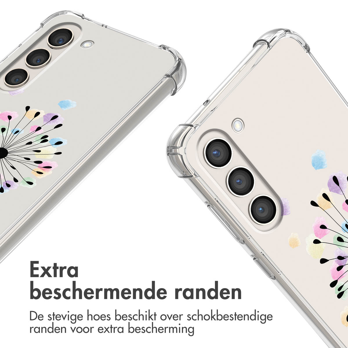 Twee transparante telefoonhoesjes met paardenbloemontwerp. Close-up op de hoek.