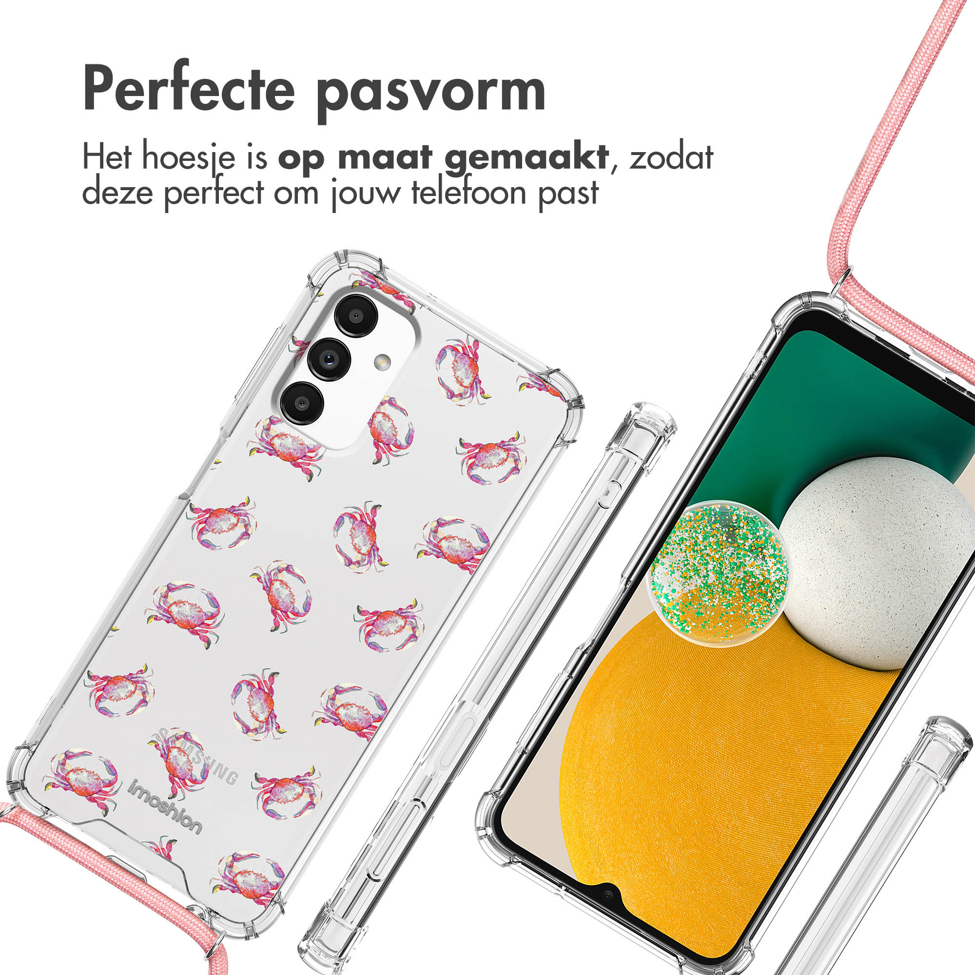 Téléphone dans un étui avec motif de crabe et cordon. Téléphone à droite. Étui transparent visible.