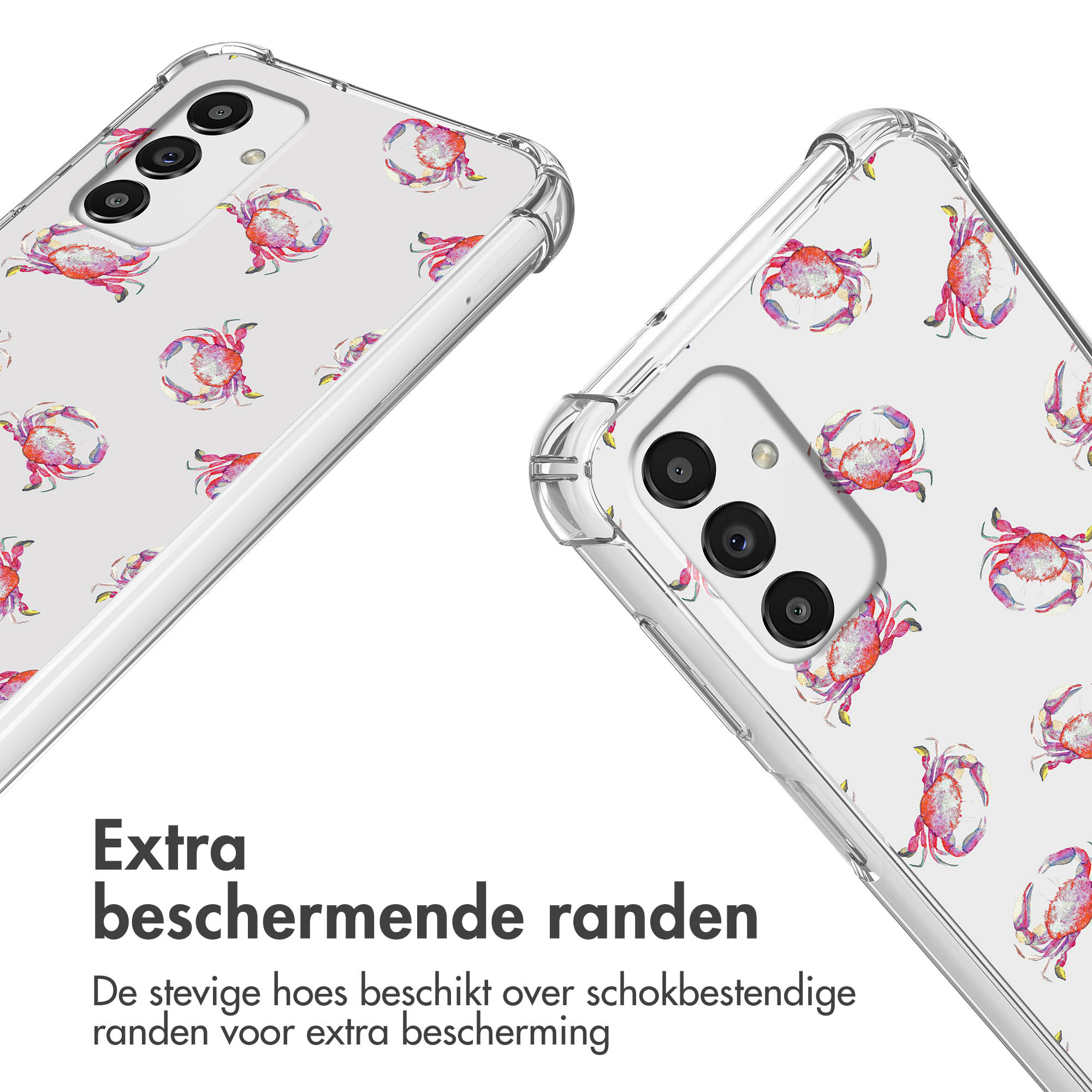 Deux coques de téléphone transparentes avec des motifs de crabes. Le fond est blanc.