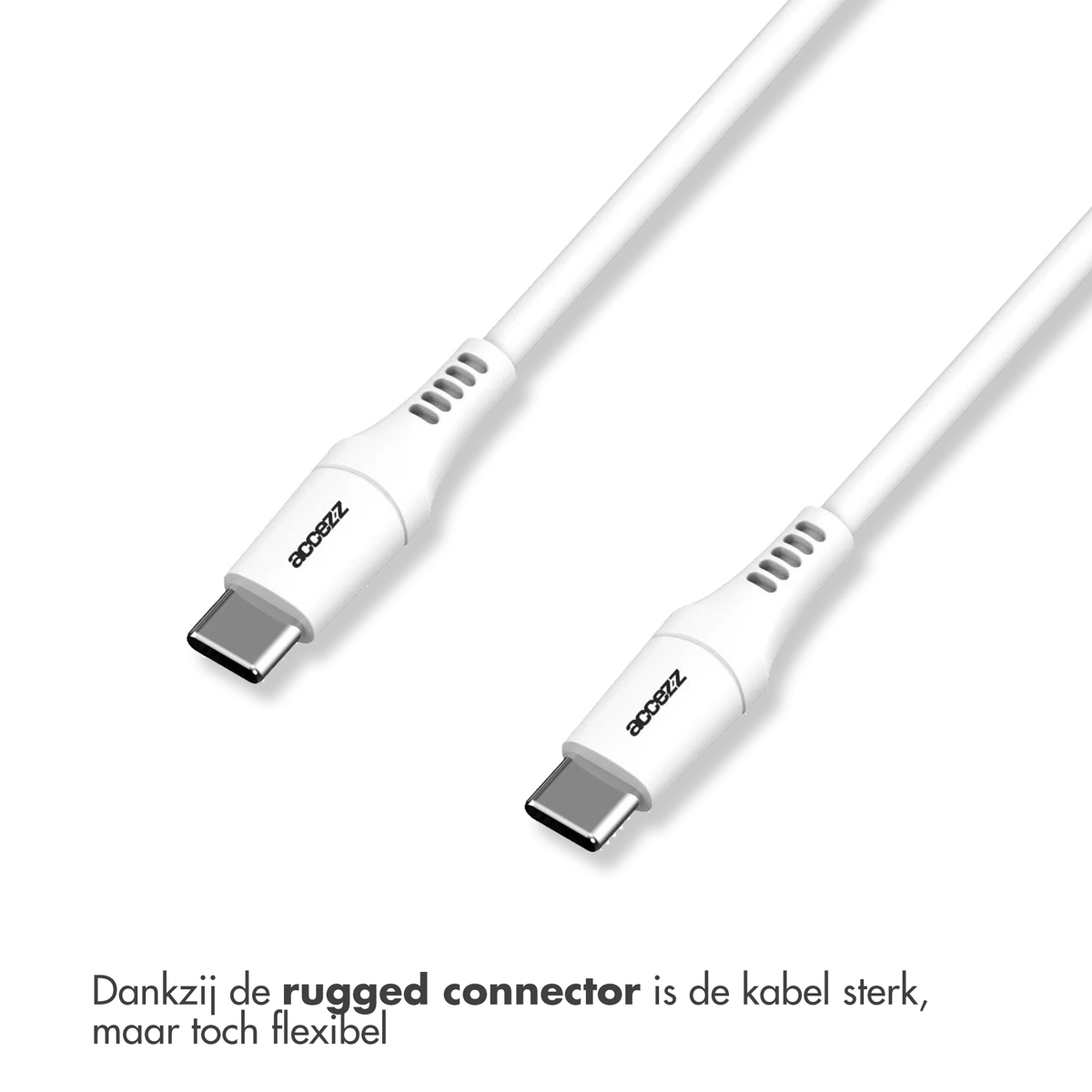Deux câbles USB-C blancs avec connecteurs blancs, la marque est dessus.