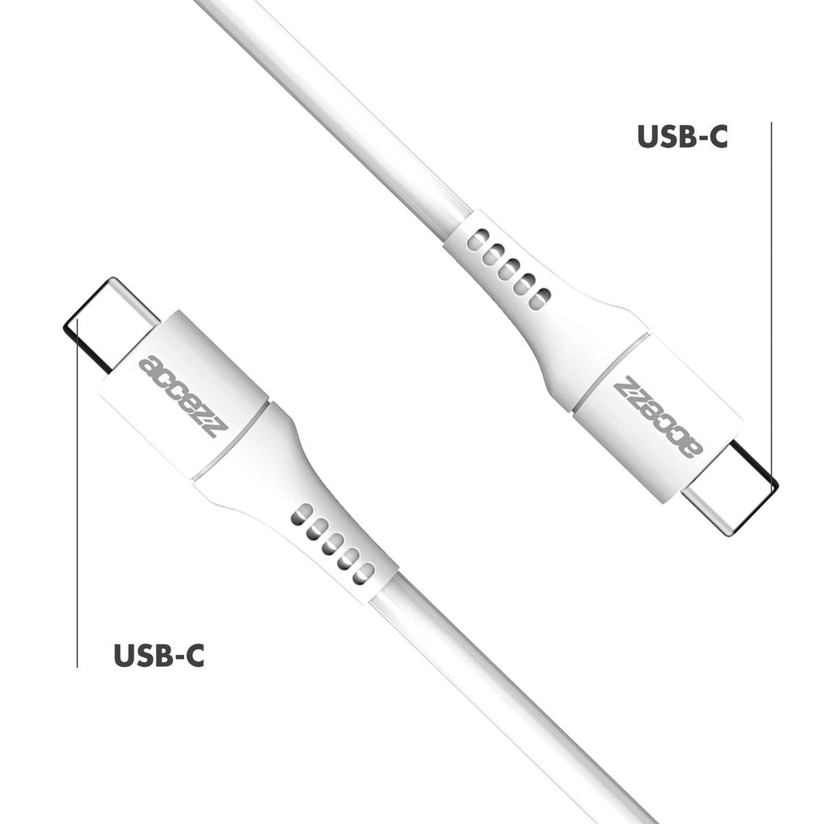 Câbles USB-C blancs, avec connecteurs blancs et le nom de la marque. Les connecteurs sont visibles.