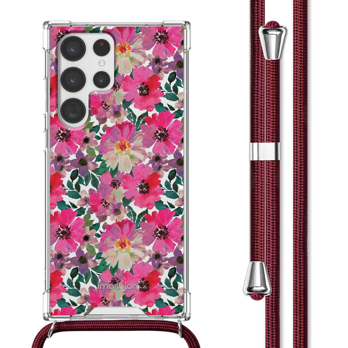 Transparante telefoonhoes met een bloemenpatroon en koord. Hoesje heeft een bloemenpatroon. De achtergrond is wit.