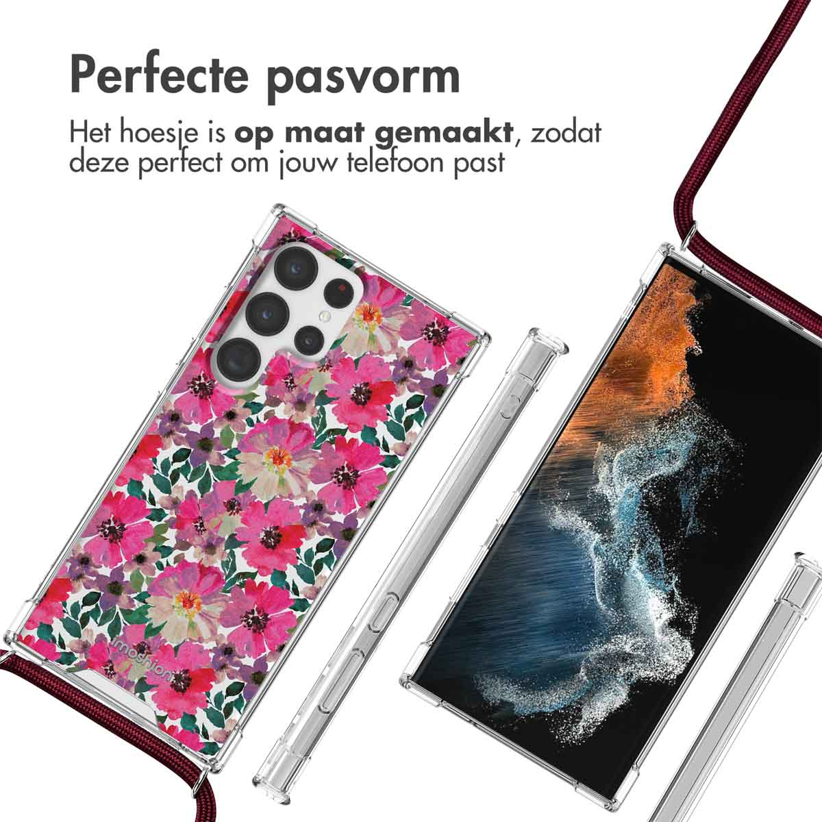 Telefoonhoesje met roze bloemenpatroon en een bordeauxrode riem. Telefoon en hoesje zijn zichtbaar.