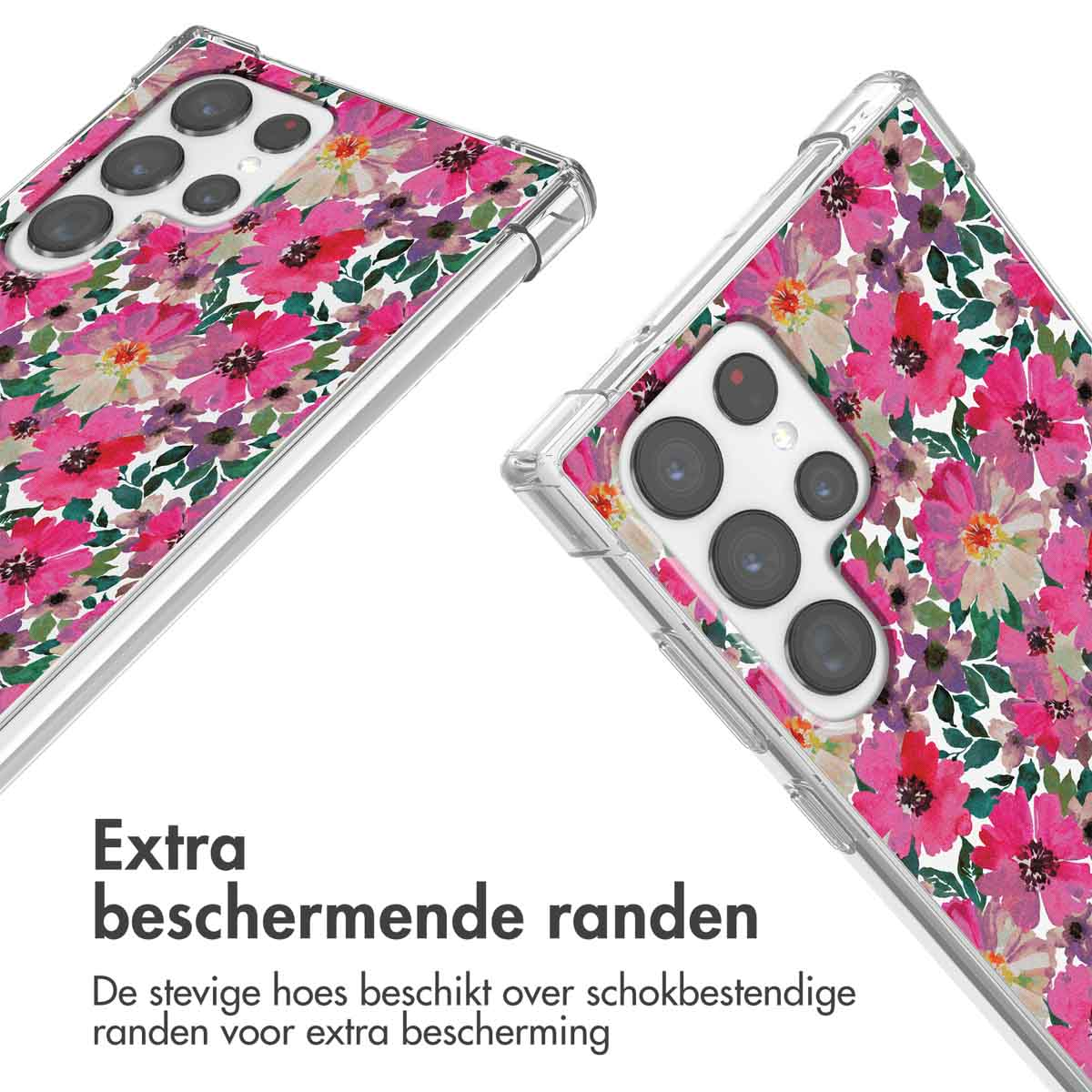 Twee telefoonhoesjes, roze bloemenpatroon.