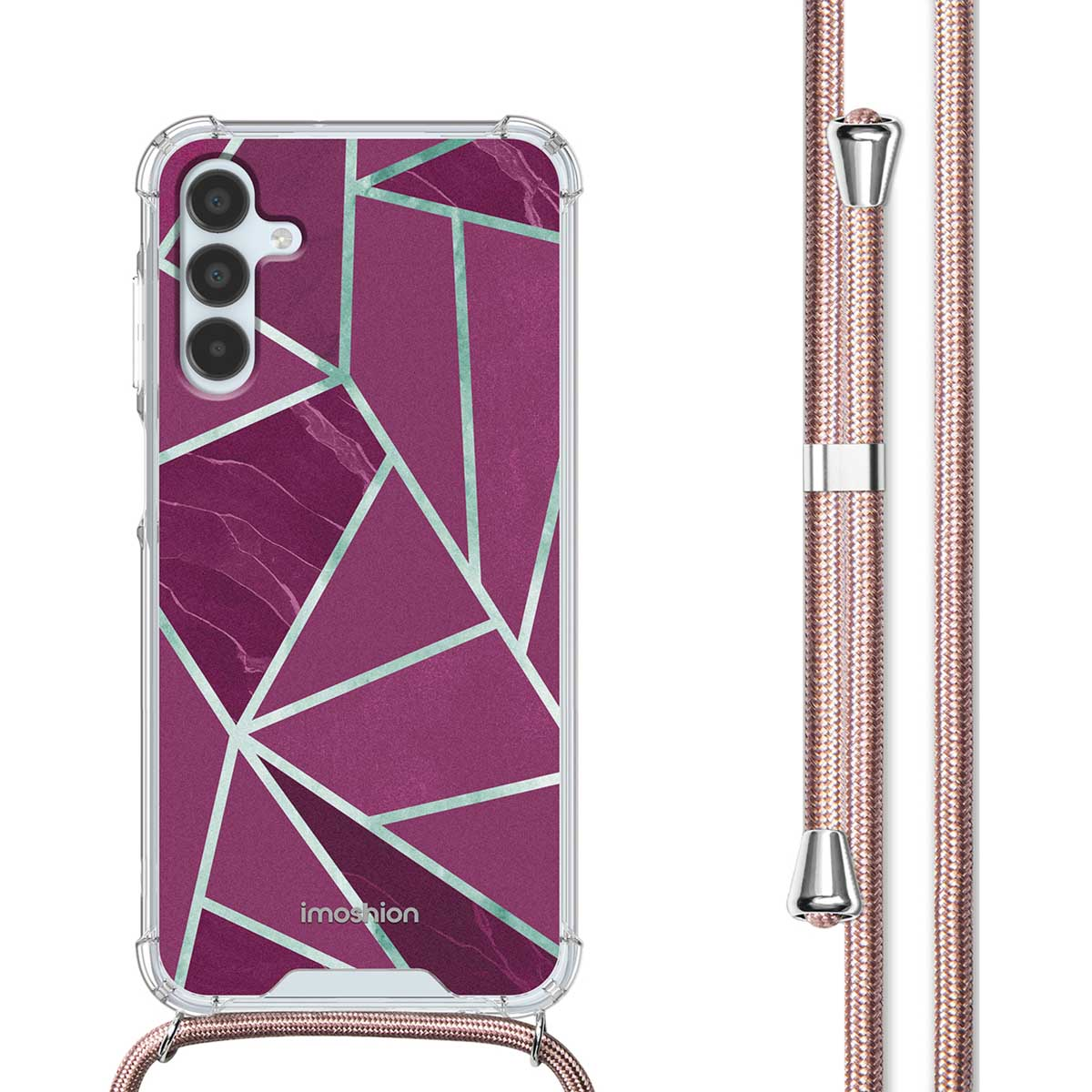 Telefoonhoesje met geometrisch ontwerp en bijpassende band. Transparante hoes.