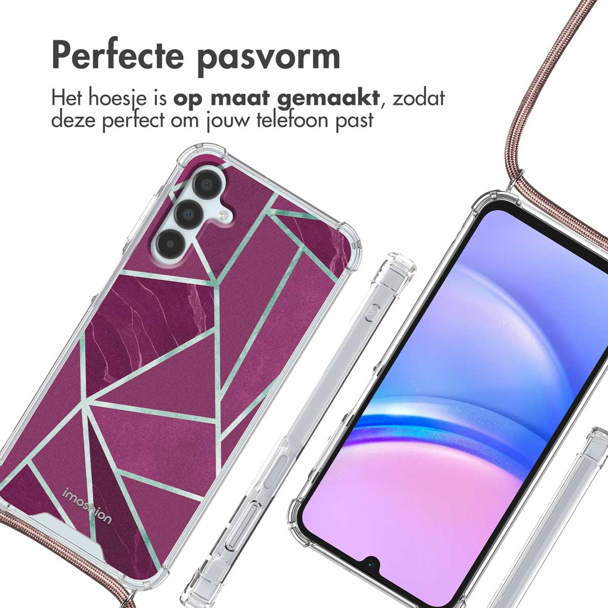 Twee telefoonhoesjes met geometrische ontwerpen en een telefoon. Eén hoesje heeft een paars geometrisch ontwerp. Een roze koord is bevestigd.