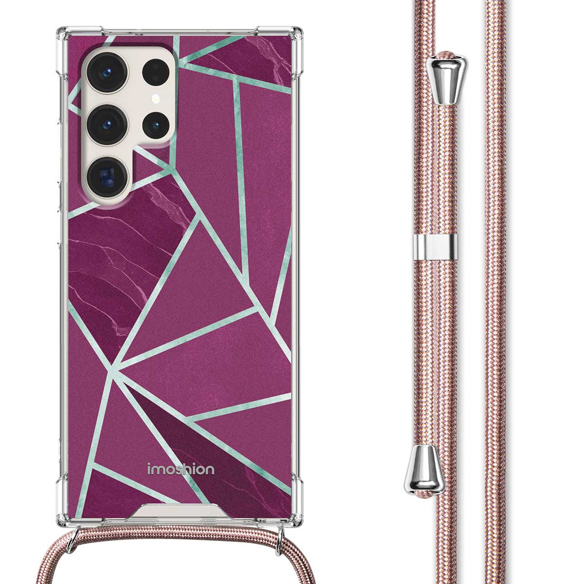 Telefoon in hoesje met een paars marmer ontwerp. De hoes is transparant, met een roségouden riem.