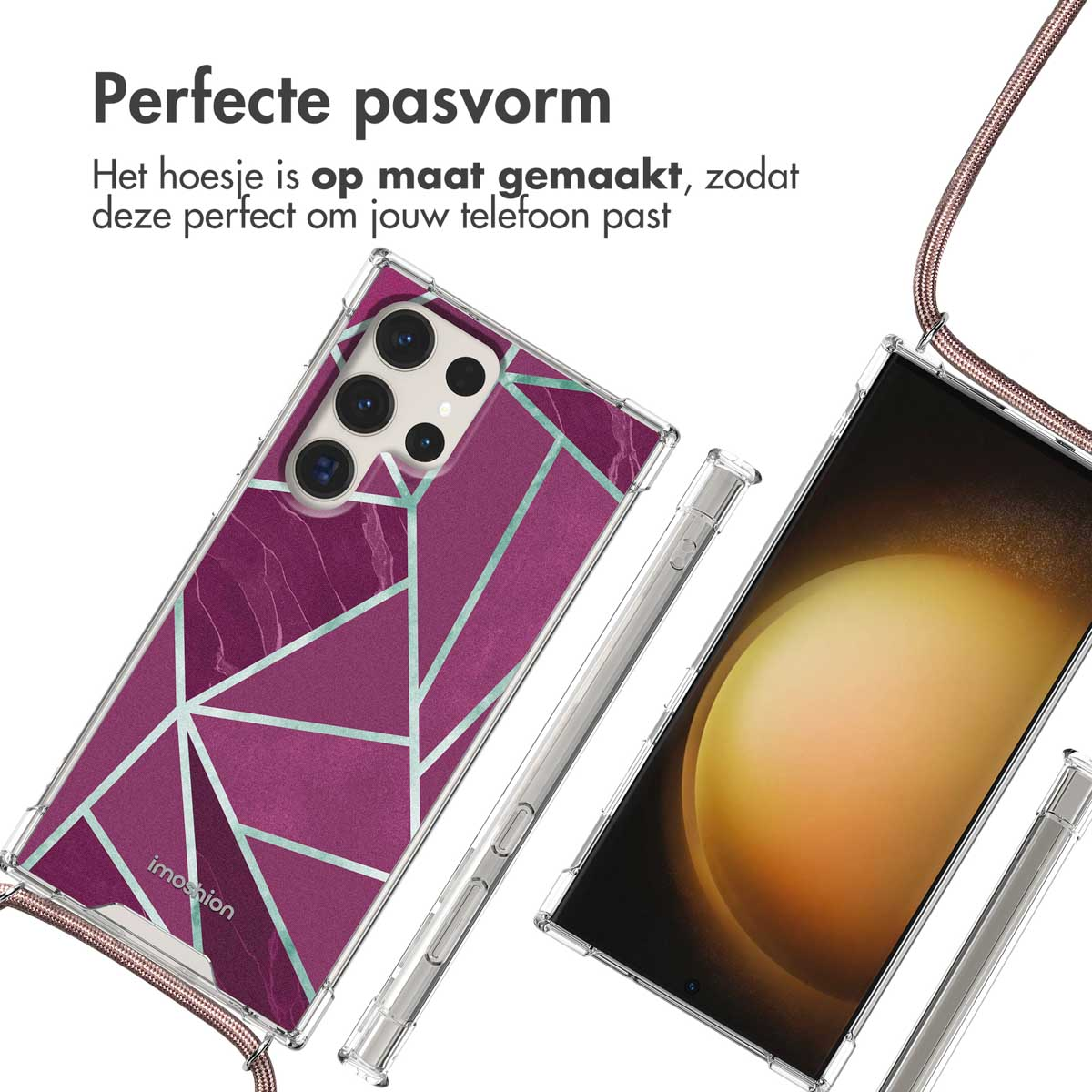 Telefoonhoesje met een magenta marmerontwerp, een telefoon en een styluspen.