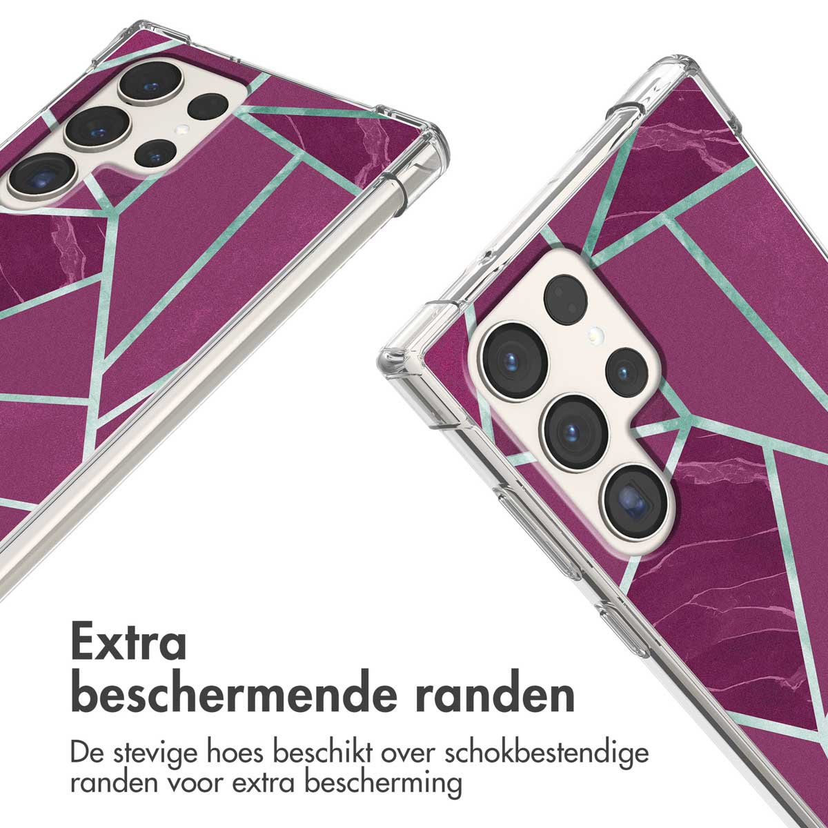 Close-up van twee telefoonhoesjes met een paars marmerachtig ontwerp.