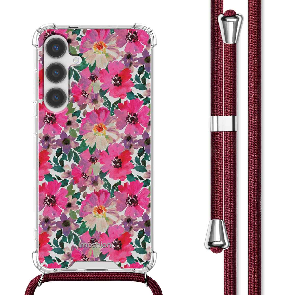 Coque de téléphone avec motif floral. Un téléphone avec caméra est dans la coque. Lanière bordeaux attachée.
