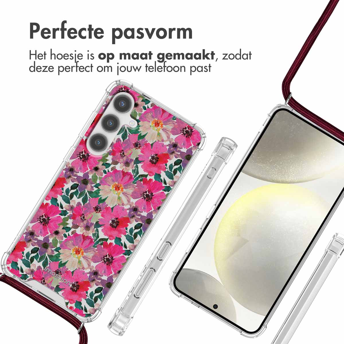 Deux téléphones dans des étuis. Un avec un motif floral, l'autre uni. Lanière bordeaux.