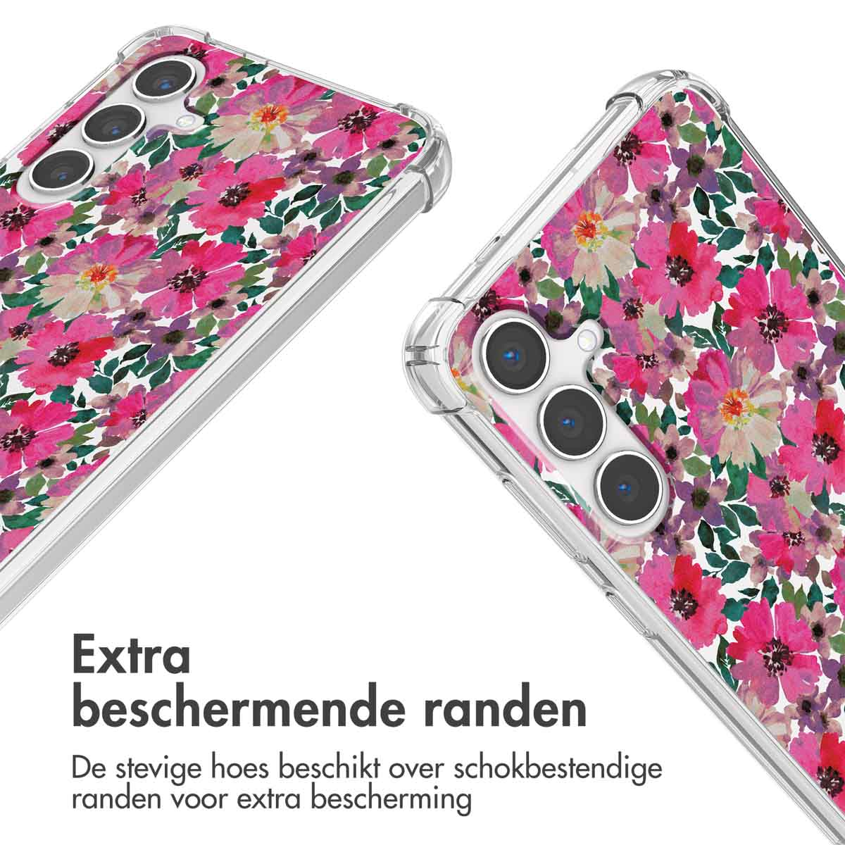 Gros plan sur des coques de téléphone avec un motif floral. Les coques sont transparentes. Le fond est blanc.