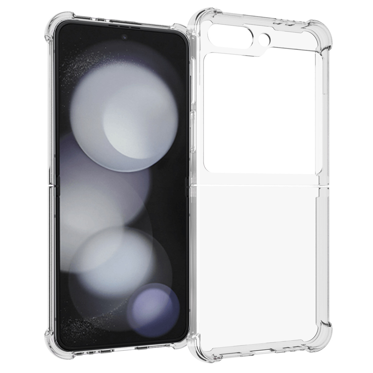 Une coque de téléphone transparente, ouverte, avec un téléphone à l'intérieur. Le fond est blanc.