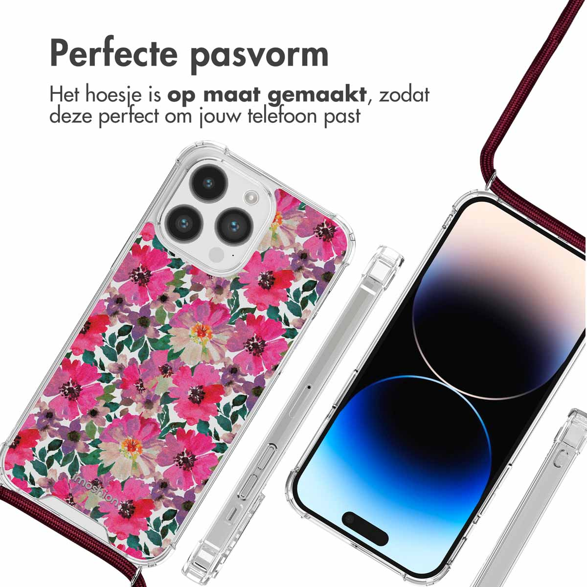Coque transparente avec fleurs roses et cordon. Un téléphone à l'intérieur.