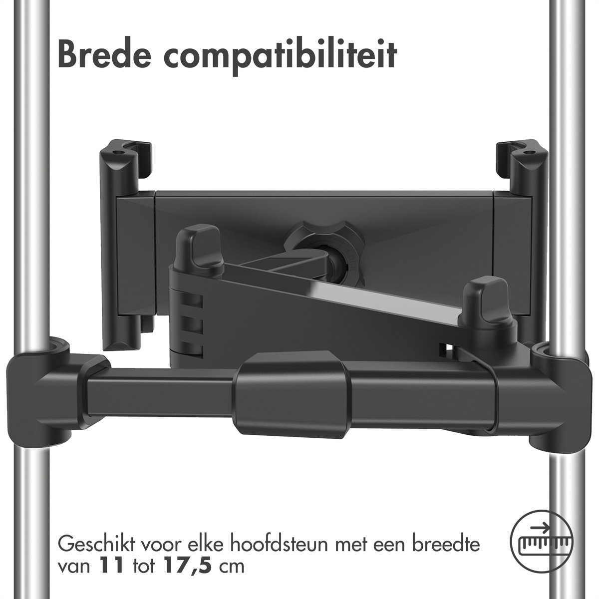 Zwarte hoofdsteun tablethouder, geschikt voor 11 tot 17,5 cm breedte.