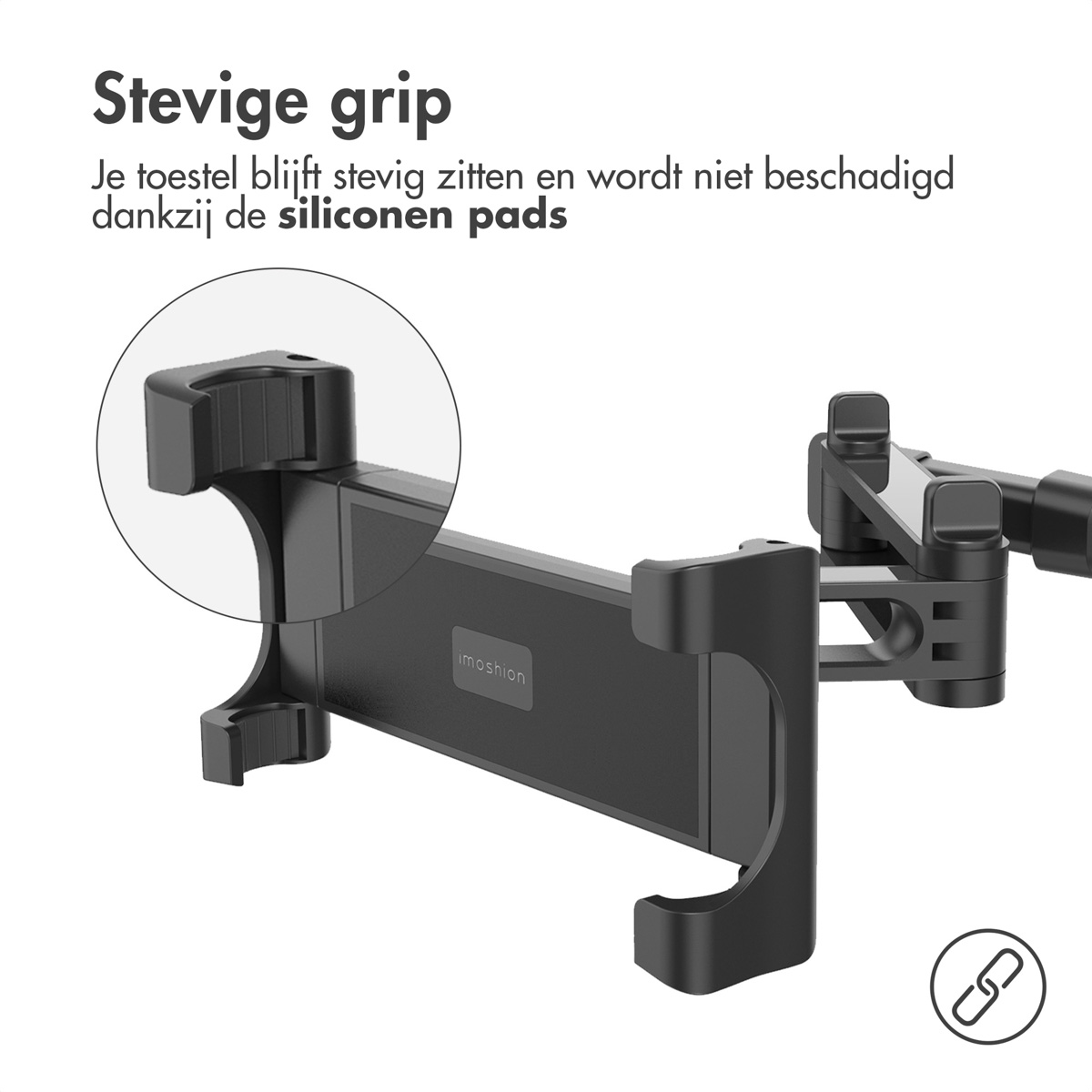 Zwarte telefoonhouder met tekst. Een close-up van de houder in een cirkel.