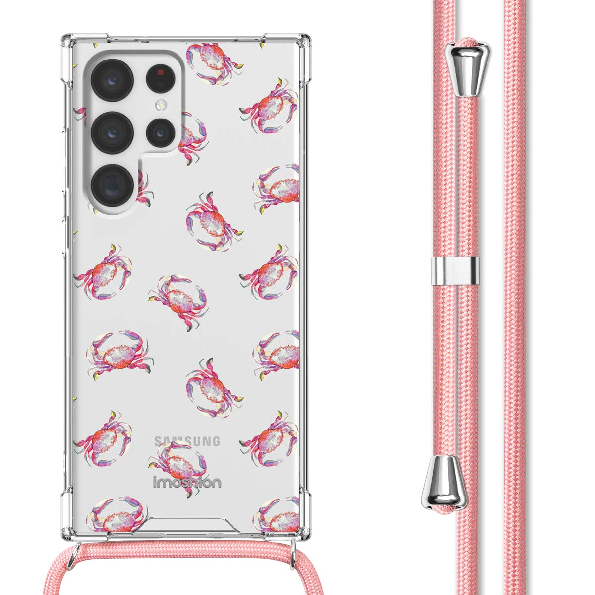 Transparante telefoonhoes met krabpatroon en roze koord. Een telefoon erin.