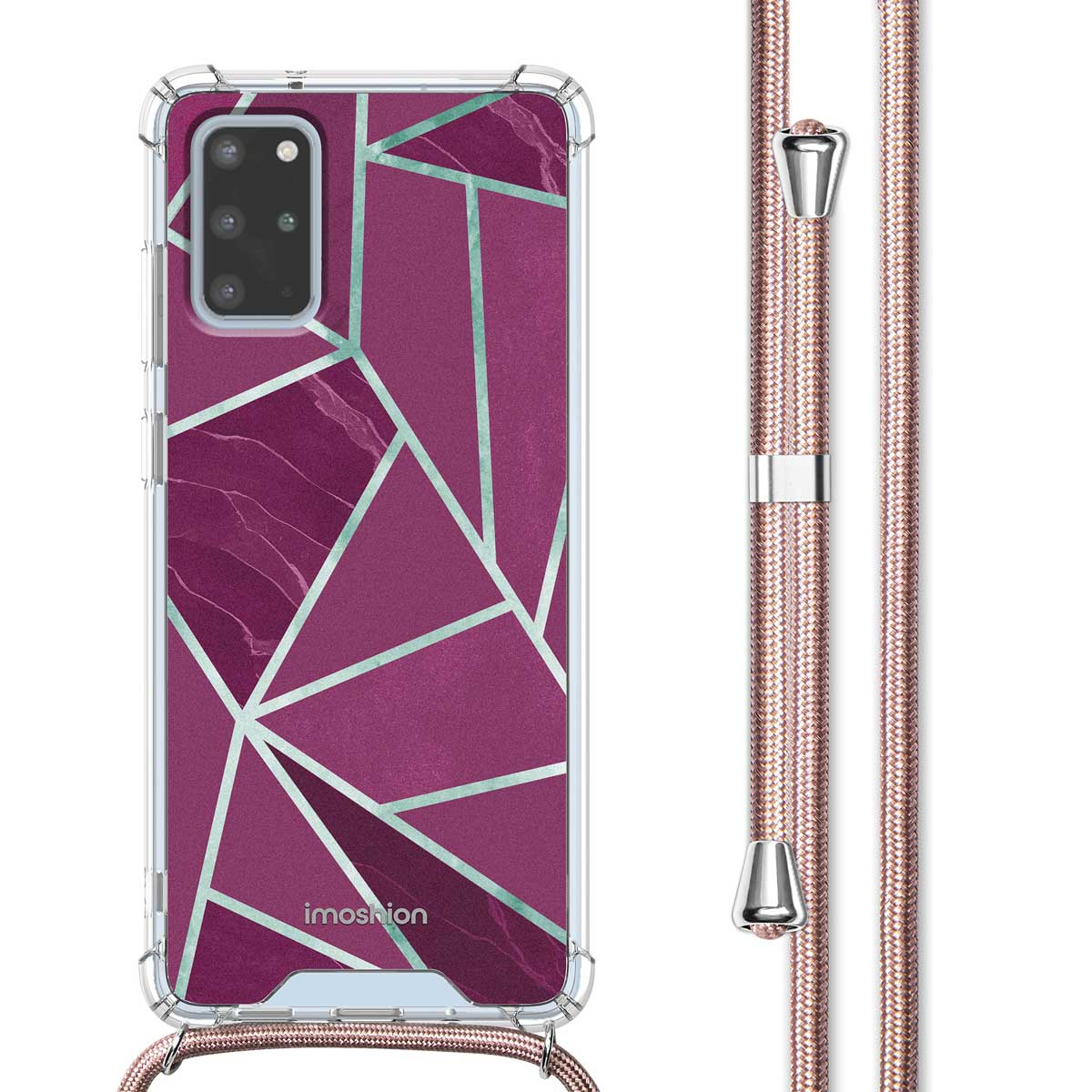 Coque de téléphone avec un design en marbre violet. Lanière visible.