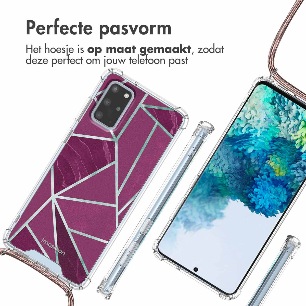 Coque transparente avec motif géométrique violet, un téléphone avec écran et cordon rose.