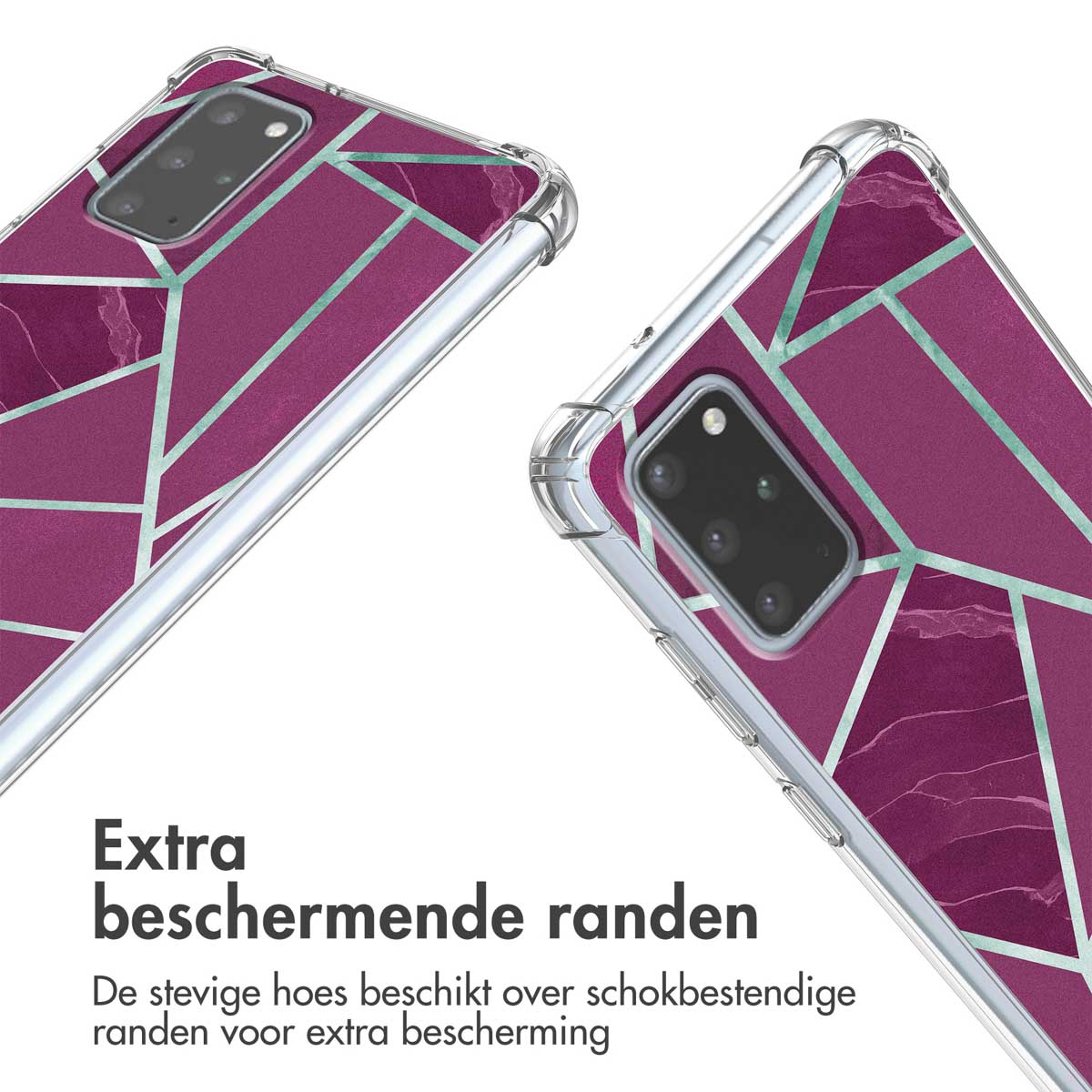 Deux coques de téléphone avec des motifs géométriques roses, violets et sarcelle. Le fond est blanc.