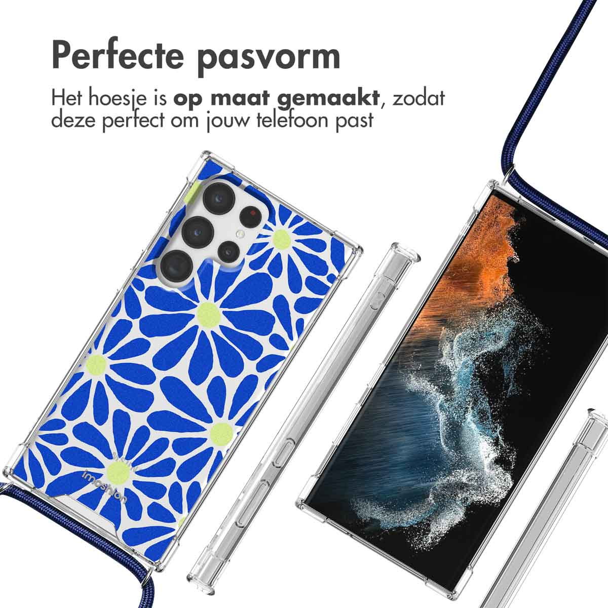 Transparante telefoonhoesjes met blauw madeliefpatroon. Telefoon met blauw en paars scherm. Roze koord.