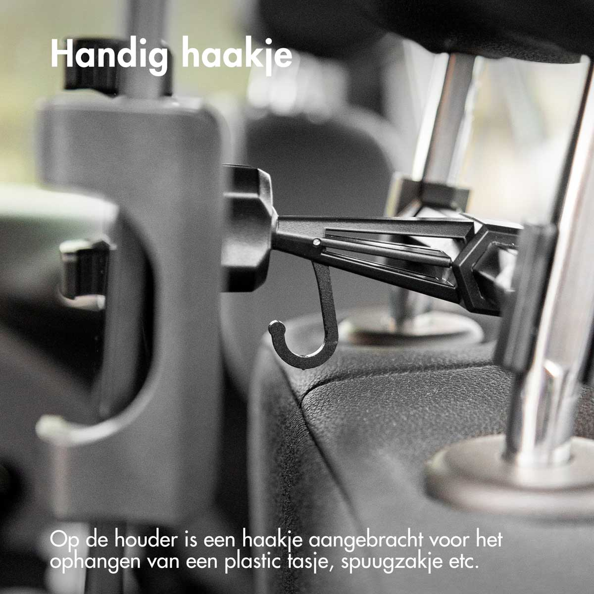 Car seat hook. Black hook attached to a car headrest. Text reads 'Handy hook'.