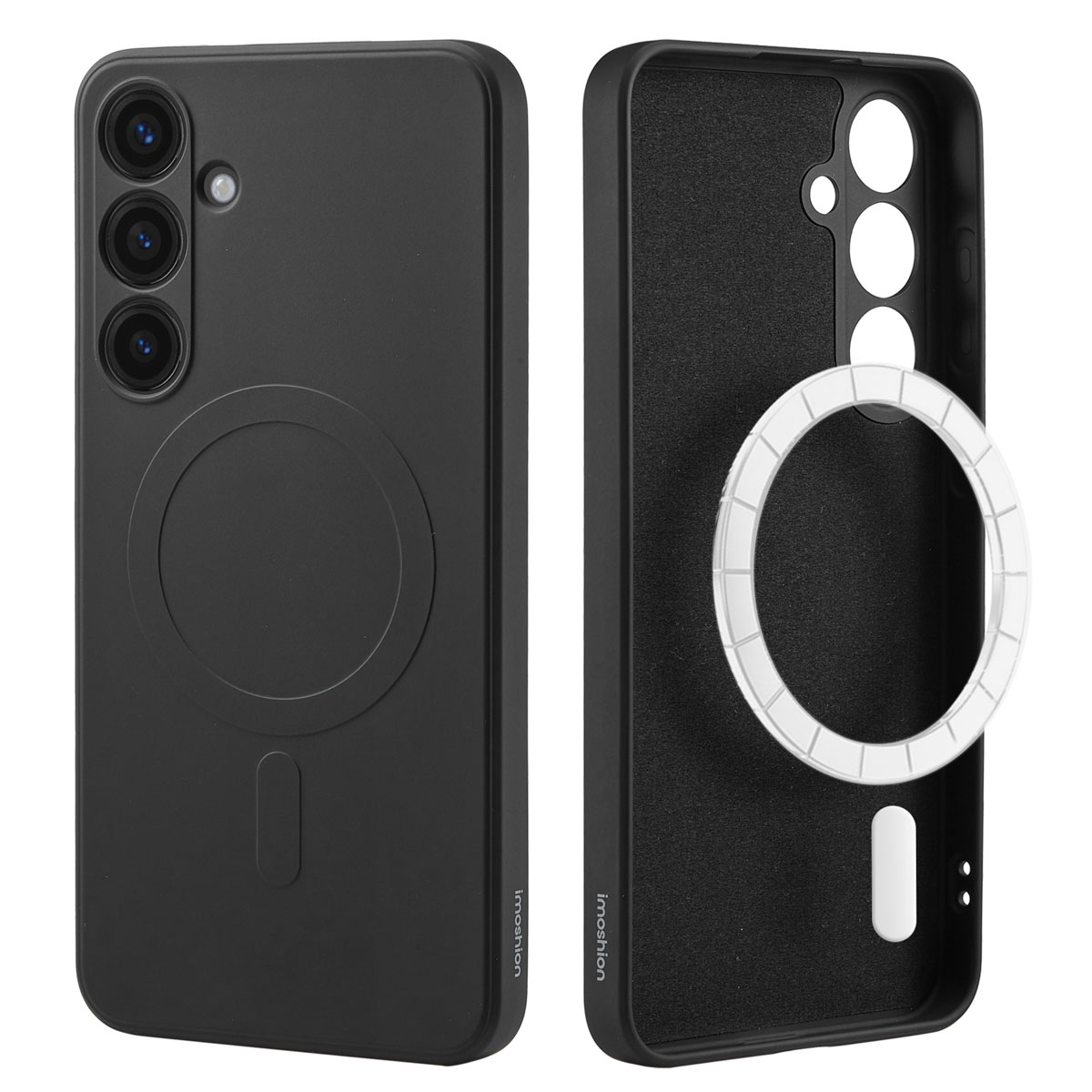 Twee zwarte telefoonhoesjes. Eén heeft een magnetische ring en de andere een witte ringinzet.