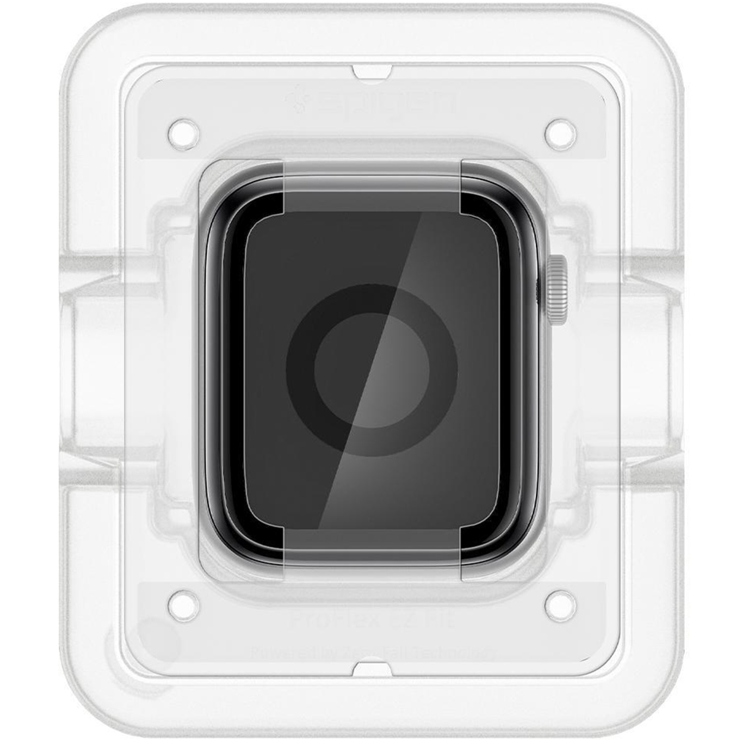 Un smartwatch dentro de una funda rectangular transparente. La pantalla es negra.