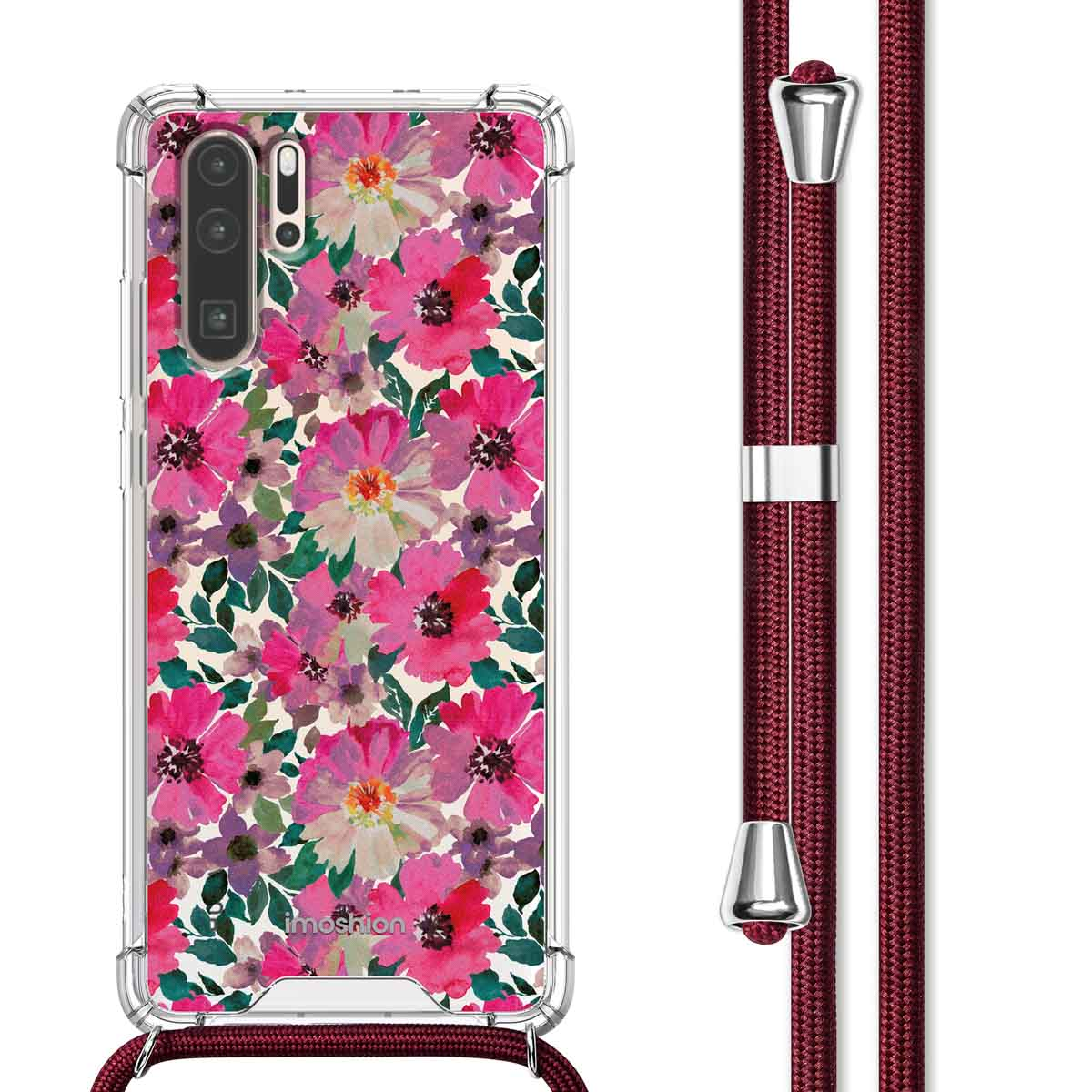 Telefoonhoesje met roze bloemenpatroon en bijpassend bordeauxrood bandje.