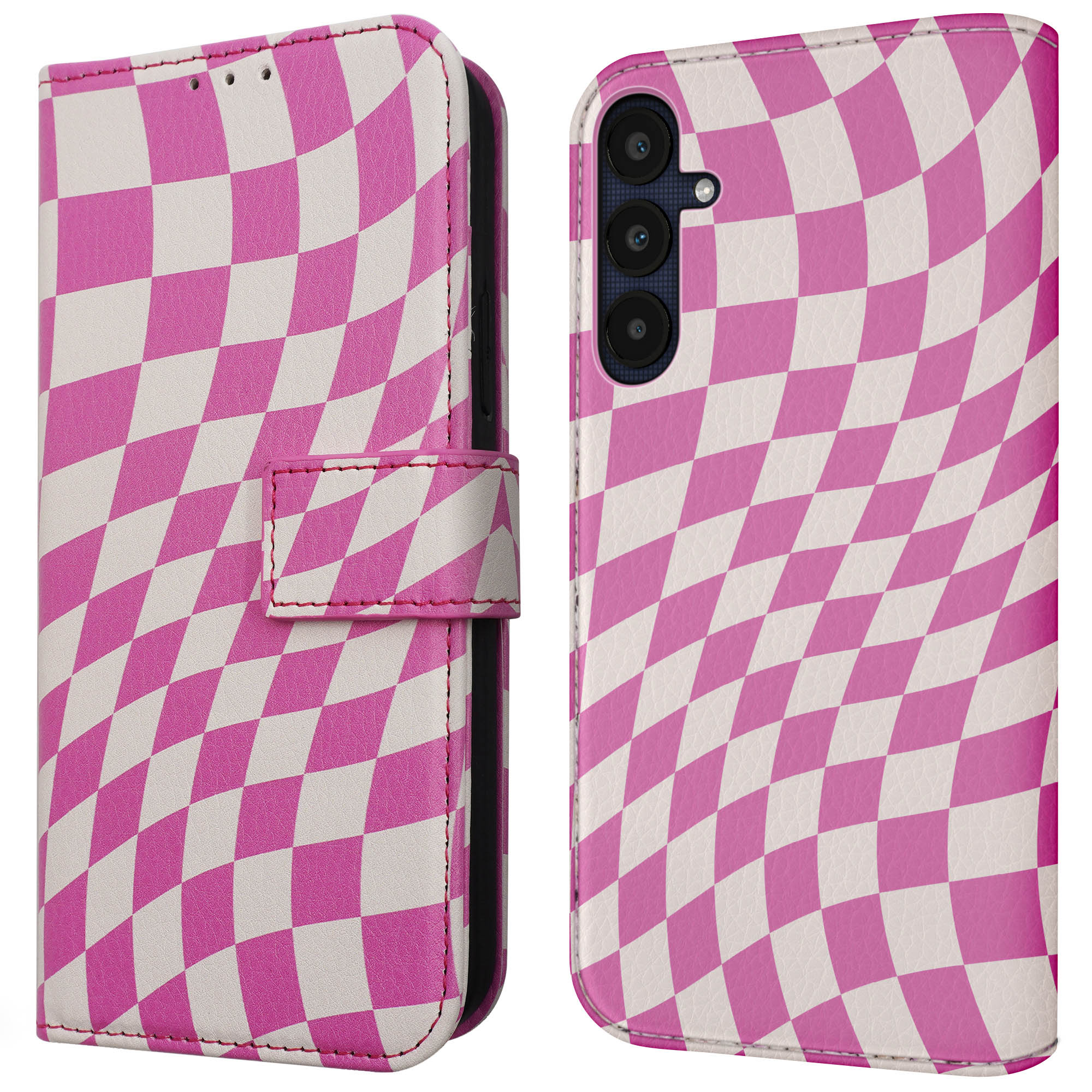 Telefoonhoes open en dicht met een roze en wit geblokt ontwerp. De telefoon heeft drie camera's.