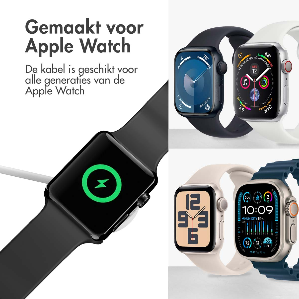 Montres Apple en charge sur une station de charge. La montre affiche l'état de charge.