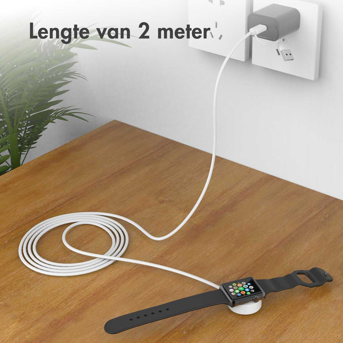 An Apple Watch charging with a white cable and a wall plug. The background is a wooden table.