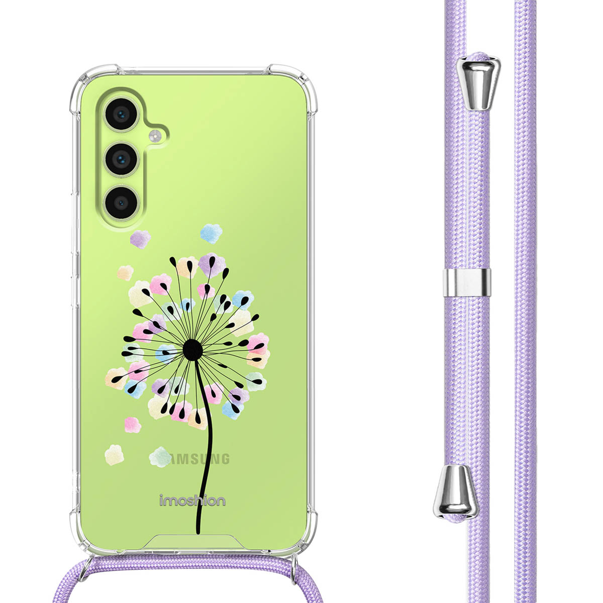 Telefoonhoesje met een groene achtergrond en een paardenbloemontwerp. Een paars koord is bevestigd.