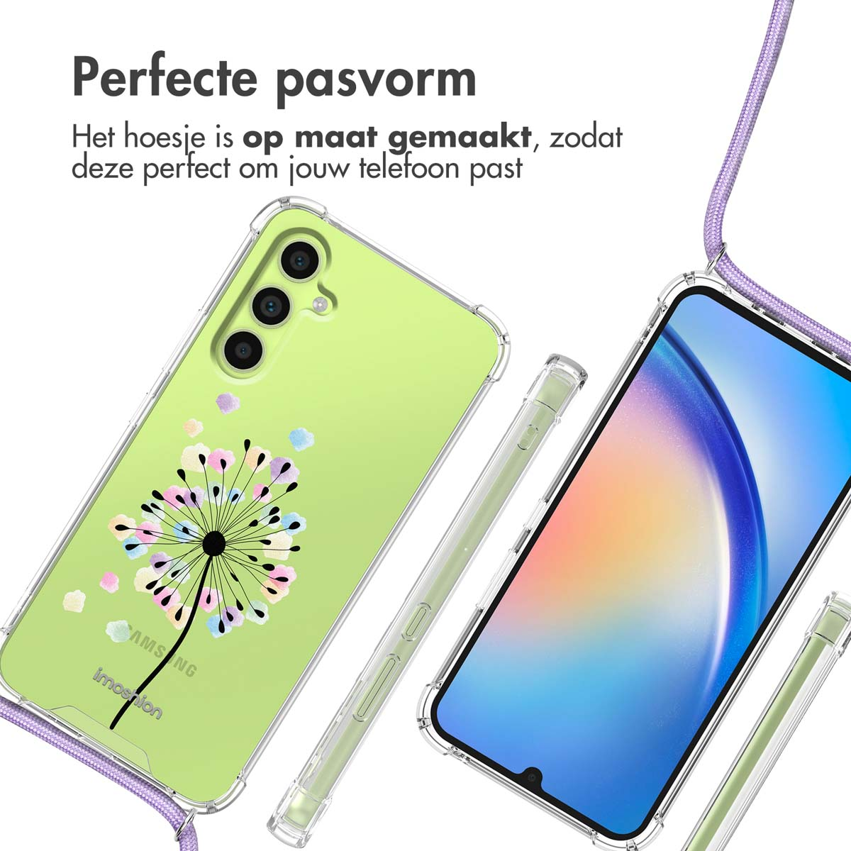 Telefoonhoesje met een paardenbloemontwerp, met een groene telefoon links en rechts.