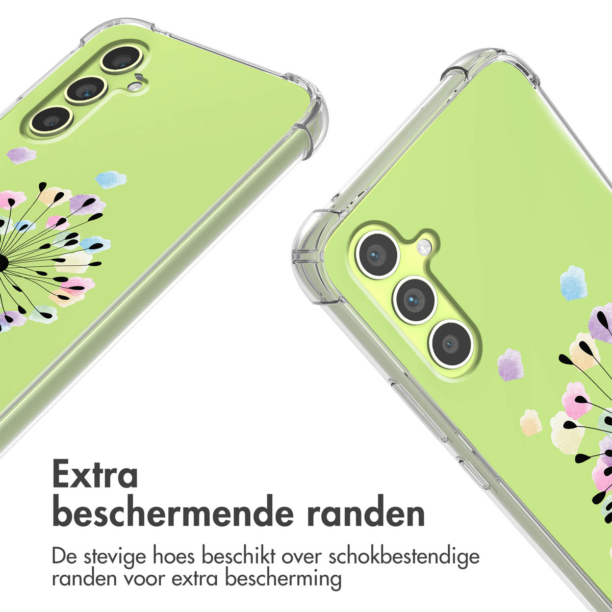 Telefoonhoesjes met bloemenpatronen. Transparante beschermranden. Groene achtergrond.