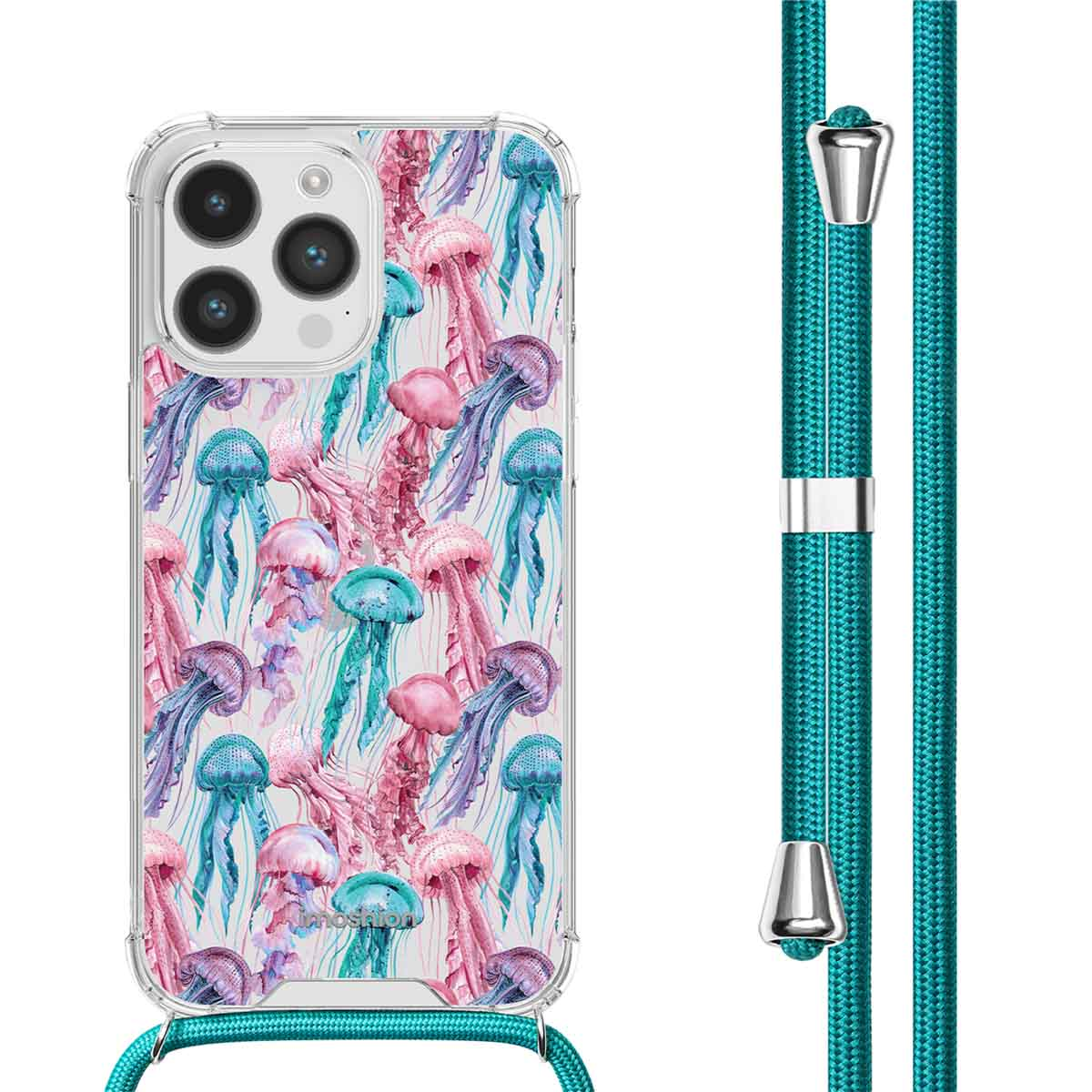 Telefoon in hoesje met een patroon van roze, blauwe en blauwgroene kwallen. De hoes heeft een blauwgroene riem.