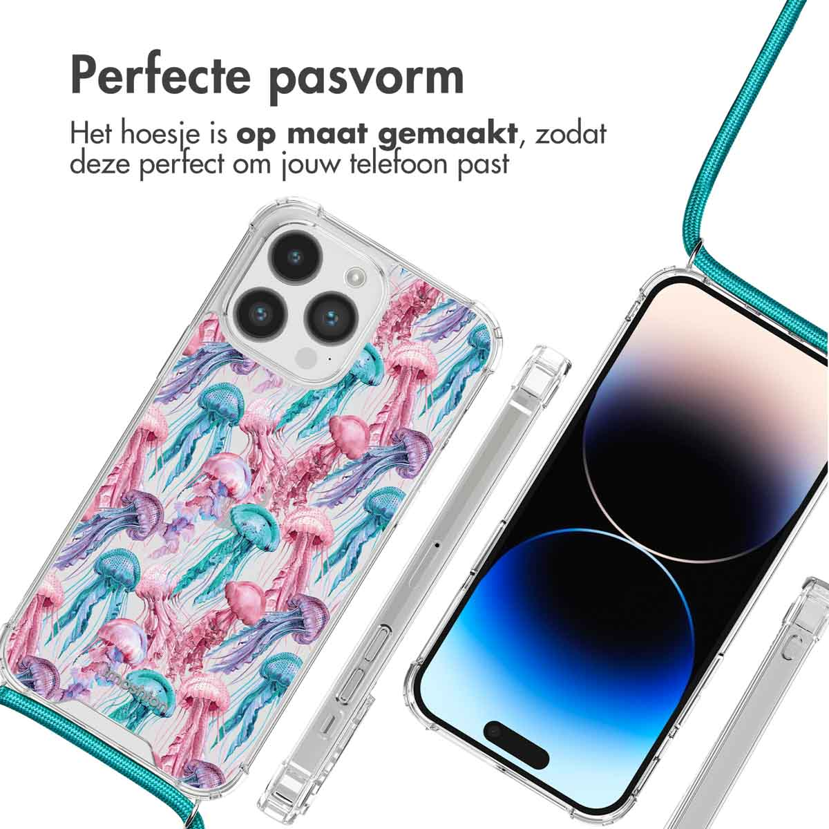 Transparante telefoonhoes met kwallenontwerp, met een telefoon erin en een bandje. Een andere telefoon.