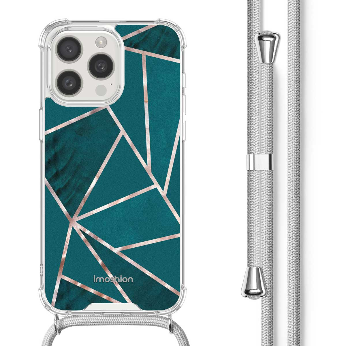 Coque de téléphone transparente avec design géométrique sarcelle et cordon argenté.