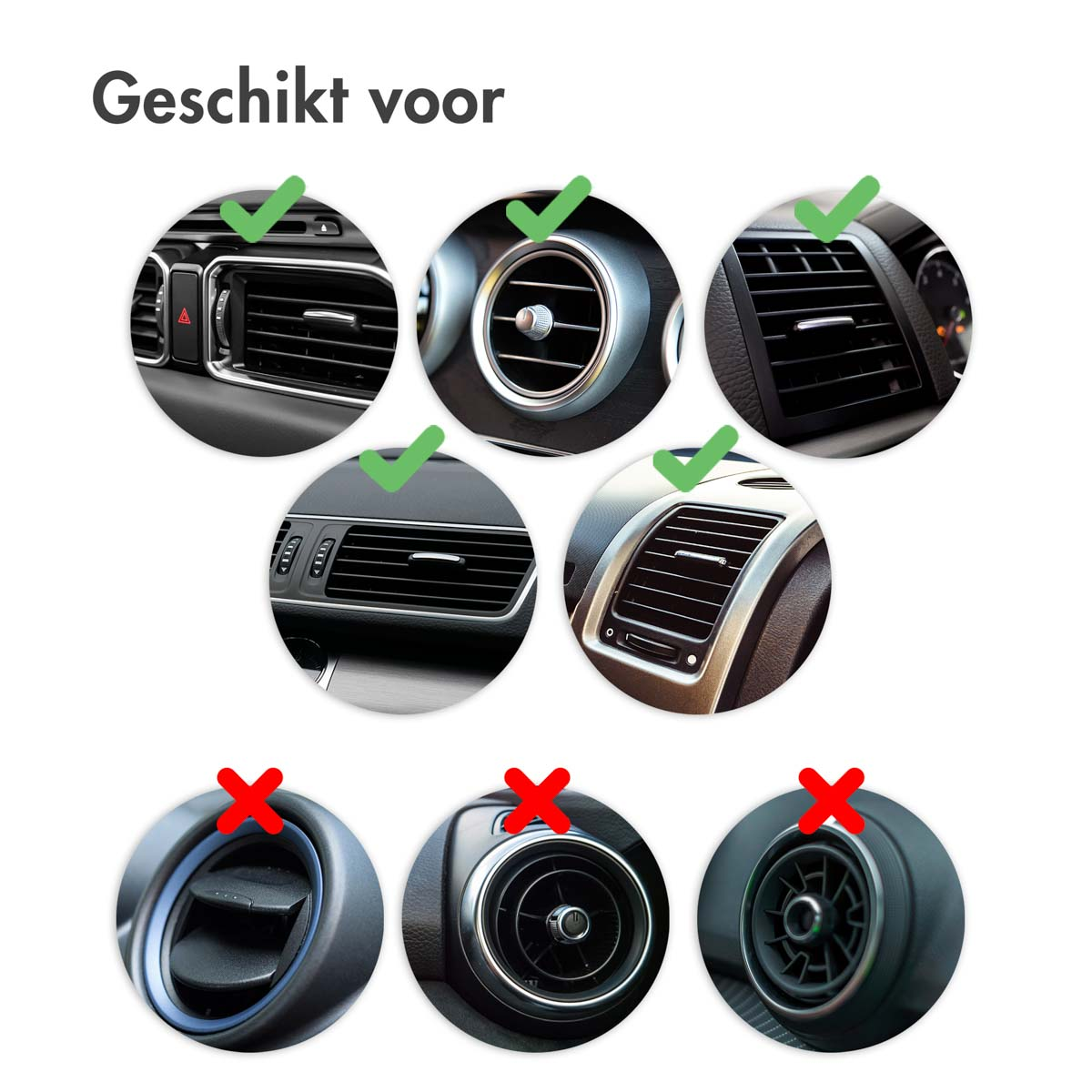 Car air vents with green checkmarks, and red crosses on others. The background is a car interior.
