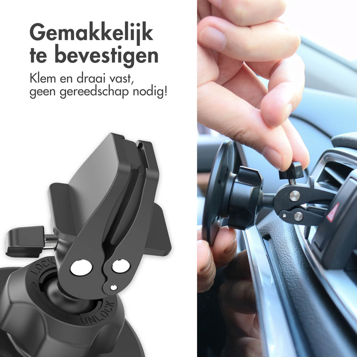 Black car phone mount with a hand attaching a piece. The mount is attached to a car vent.