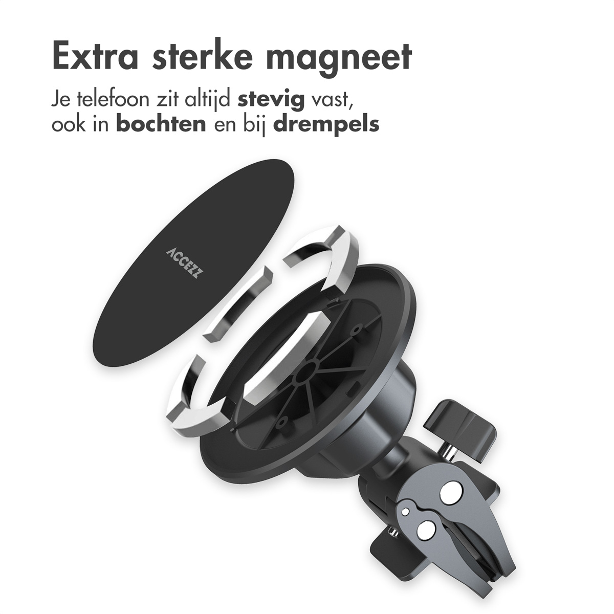 Black phone mount with magnetic base and articulating arm, disassembled to show components.