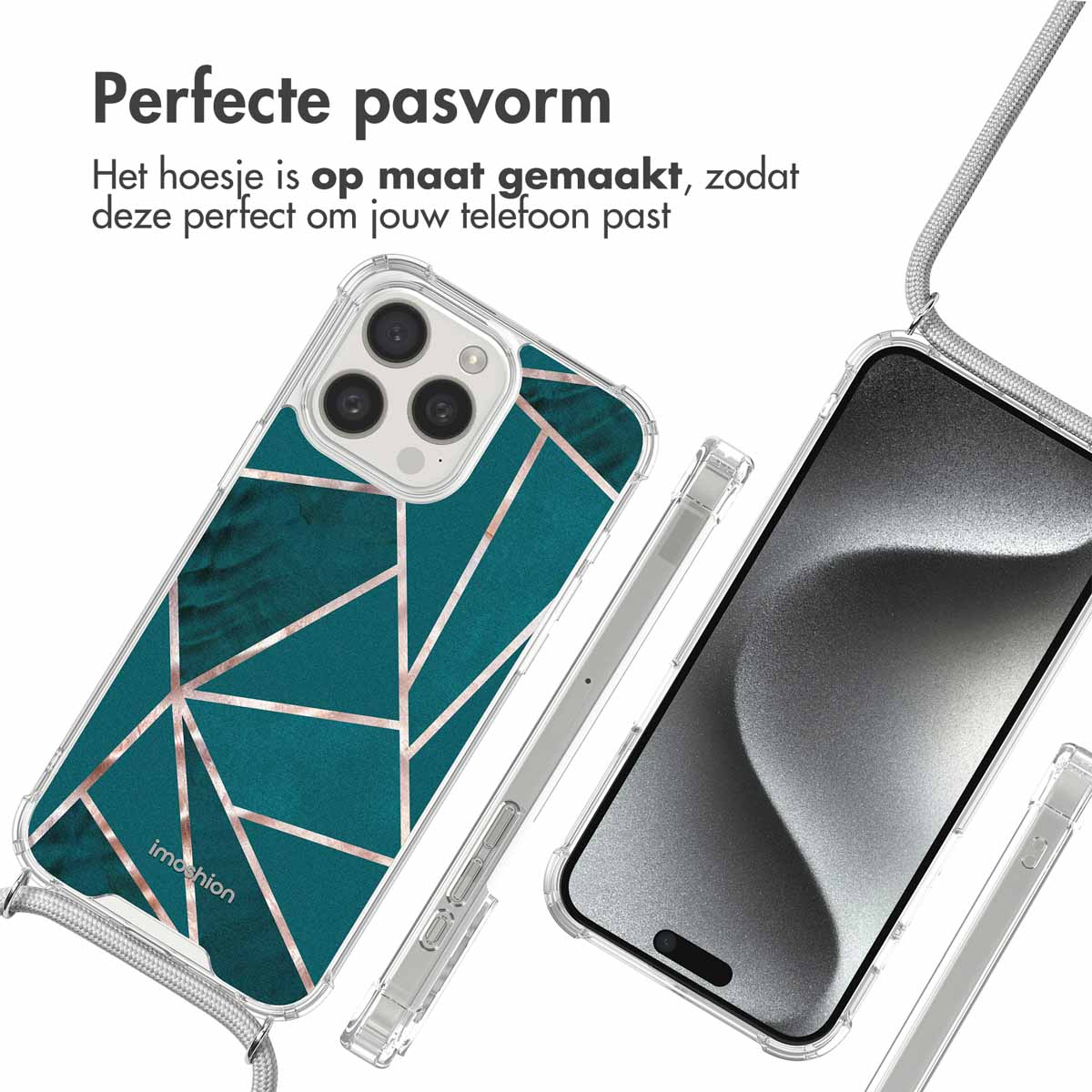 Coque de téléphone avec un design géométrique vert d'eau et or. Un téléphone et un cordon sont présents.