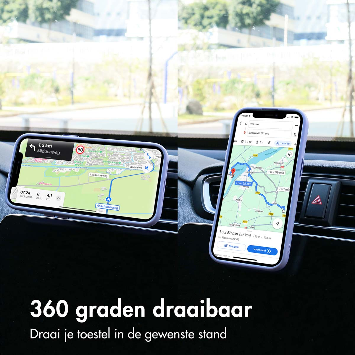 Two phones with navigation apps mounted in a car. Text: 360 degree rotatable.