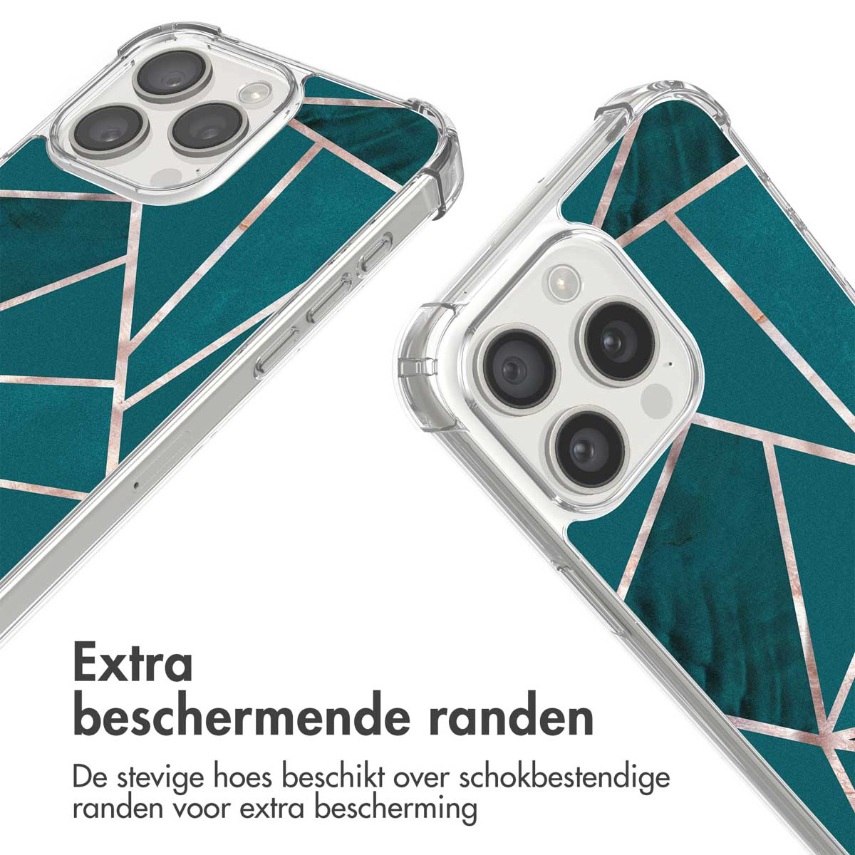 Deux coques de téléphone avec des motifs géométriques sarcelle et dorés. Les coques sont en position diagonale.