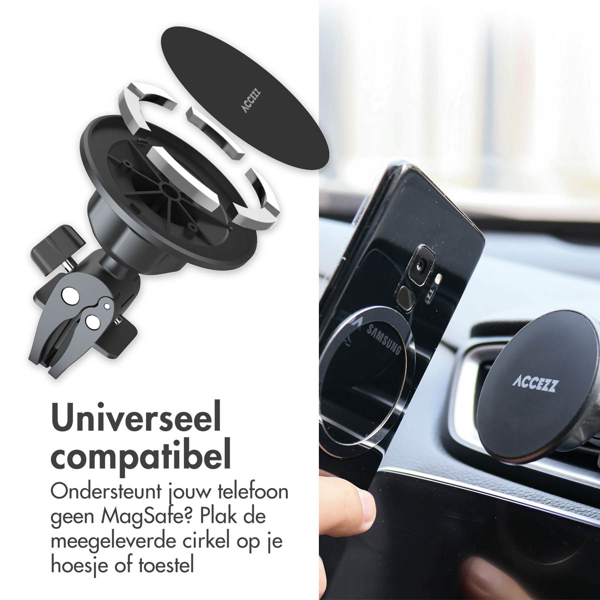 Black phone with a magnetic car mount. Also, parts of the mount are shown.