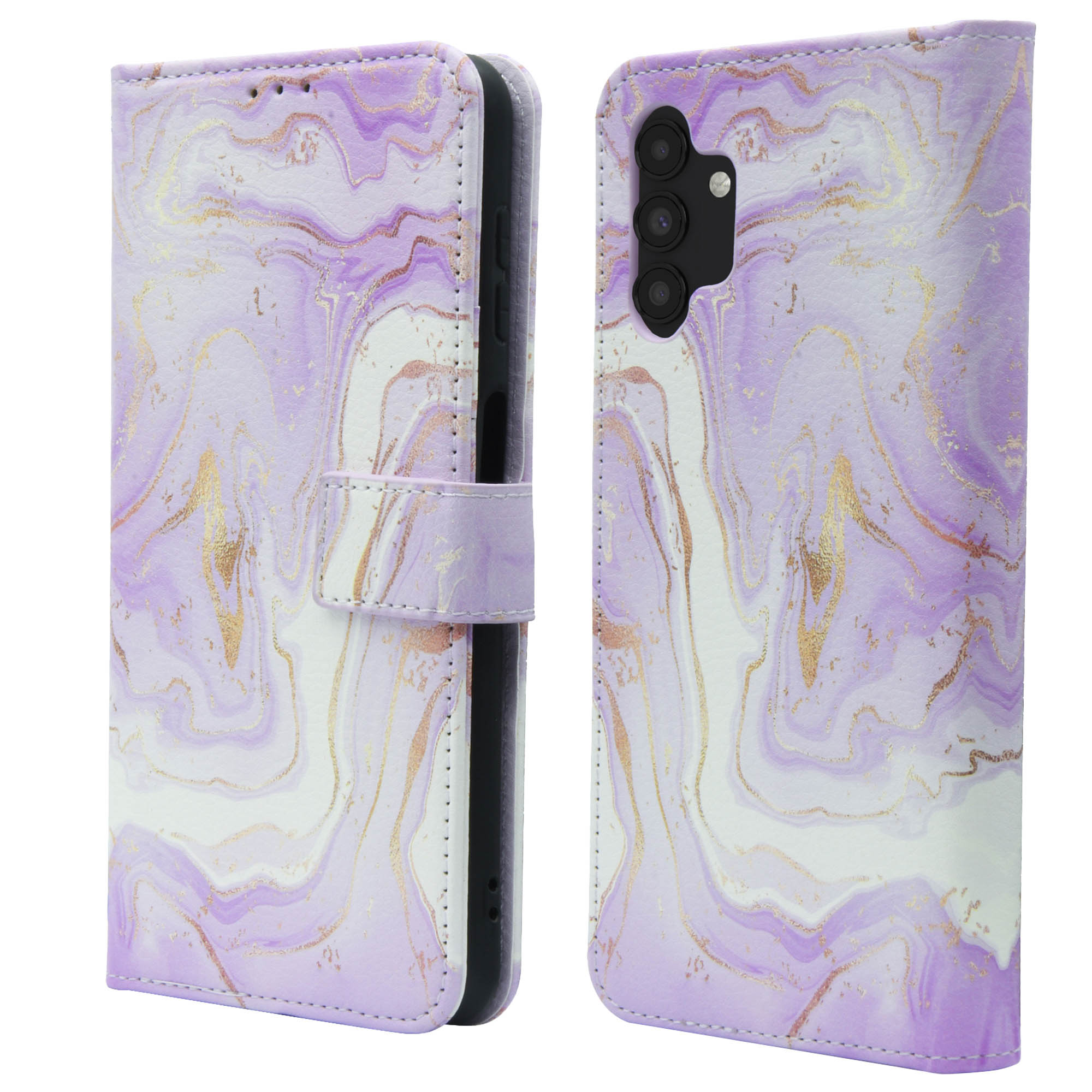 Coque de téléphone en marbre violet, ouverte, montrant le téléphone et le rabat.